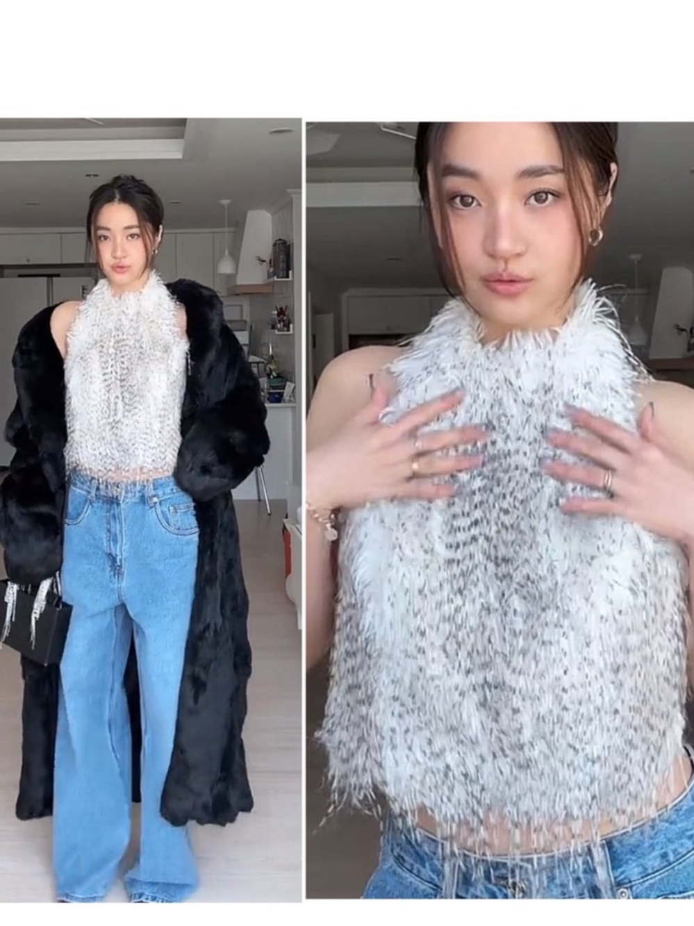 Zara FAUX FUR HALTER TOP ECRU Medium